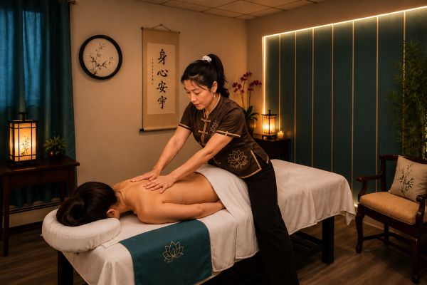 Bella providing personalized bodywork in a warm treatment room at Fairhaven Healing Spa.