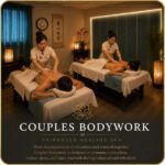 Couples Bodywork at Fairhaven Healing Spa with two therapists providing side-by-side treatments in a relaxing spa room.