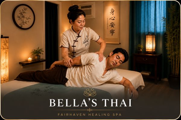 Bella’s Thai Stretching Therapy at Fairhaven Healing Spa with a therapist guiding a client through an assisted stretch.