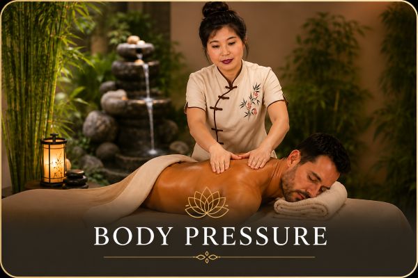 Body Pressure treatment at Fairhaven Healing Spa with a therapist applying firm pressure in a relaxing spa setting.