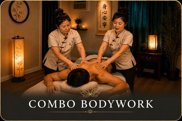 Combo Bodywork at Fairhaven Healing Spa with two therapists providing coordinated bodywork in a relaxing treatment room.
