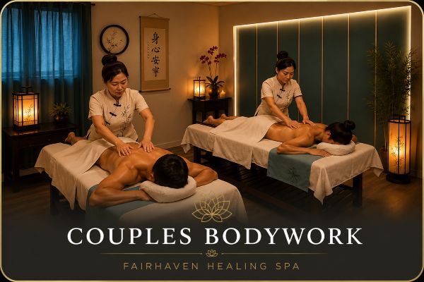 Couples Bodywork at Fairhaven Healing Spa with two therapists providing treatments in a relaxing shared spa room.