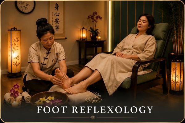 Foot Reflexology at Fairhaven Healing Spa with a therapist providing a relaxing foot treatment beside an herbal soaking basin.