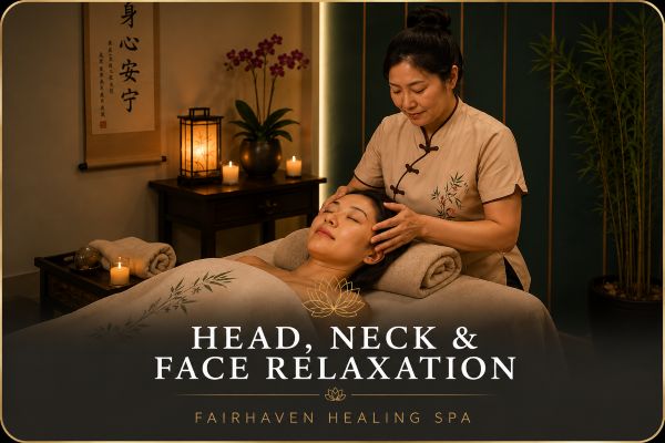 Head, Neck & Face Relaxation at Fairhaven Healing Spa with a therapist providing a gentle head and facial treatment.