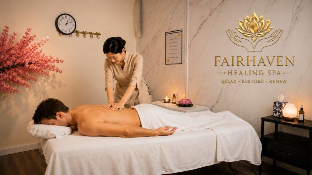 Bella providing personalized bodywork in a warm treatment room at Fairhaven Healing Spa.