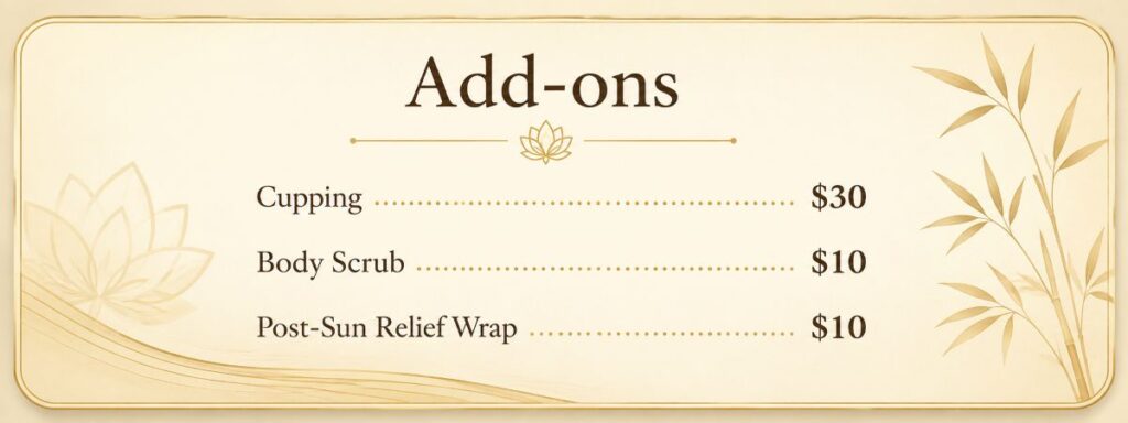 Fairhaven Healing Spa add-ons including cupping, body scrub, and post-sun relief wrap with pricing.