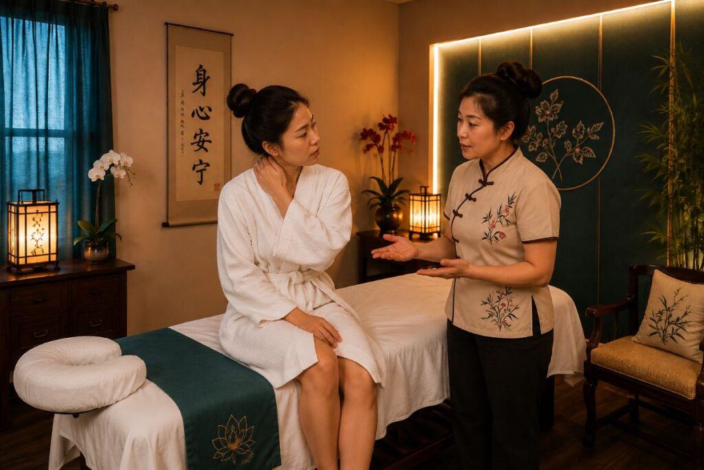 Client discussing neck discomfort and bodywork options with a therapist at Fairhaven Healing Spa in Fairhaven, MA.