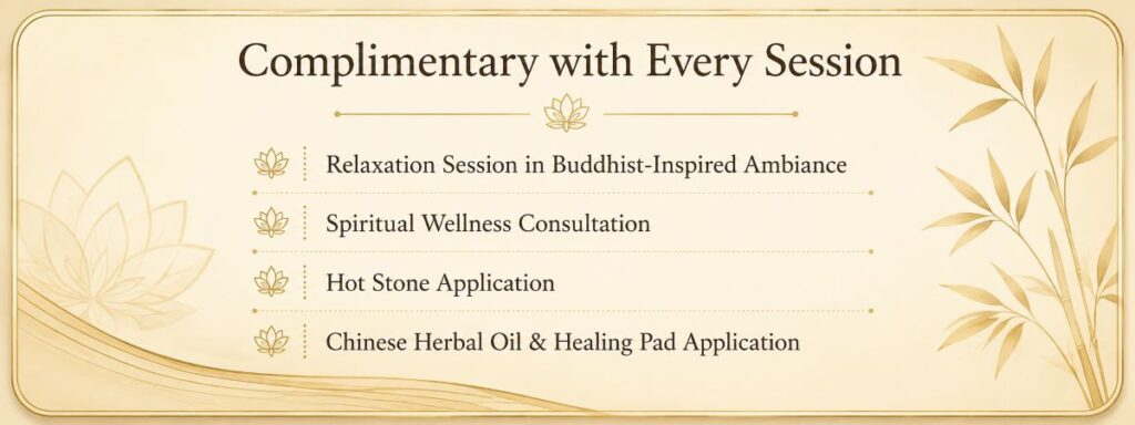 Complimentary session benefits at Fairhaven Healing Spa, including relaxation ambiance, spiritual wellness consultation, hot stone application, and Chinese herbal oil with healing pad.