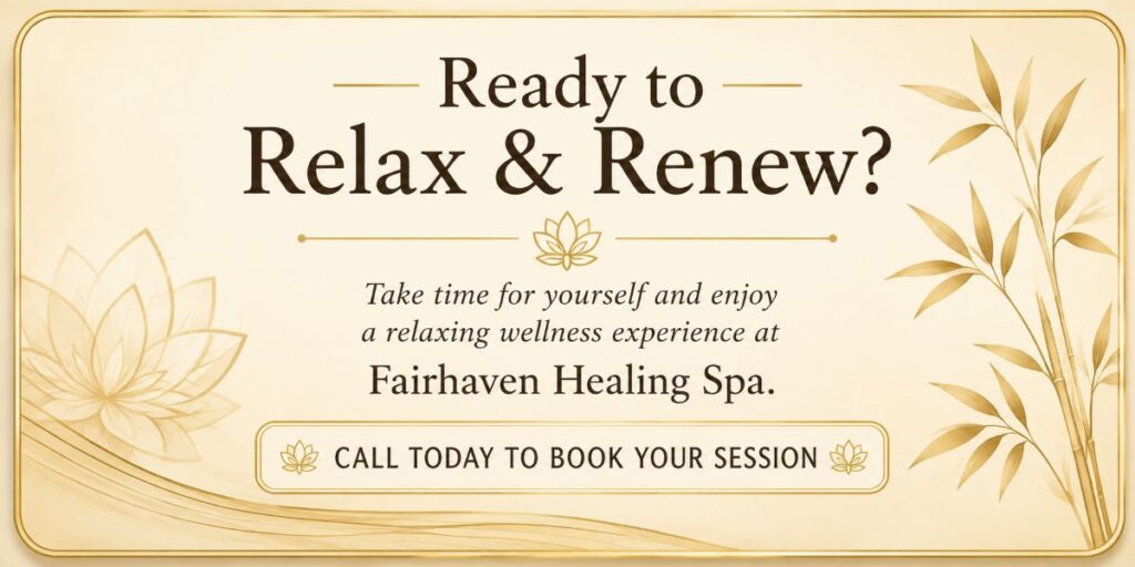 Relax and renew invitation from Fairhaven Healing Spa encouraging guests to call and book a wellness session.