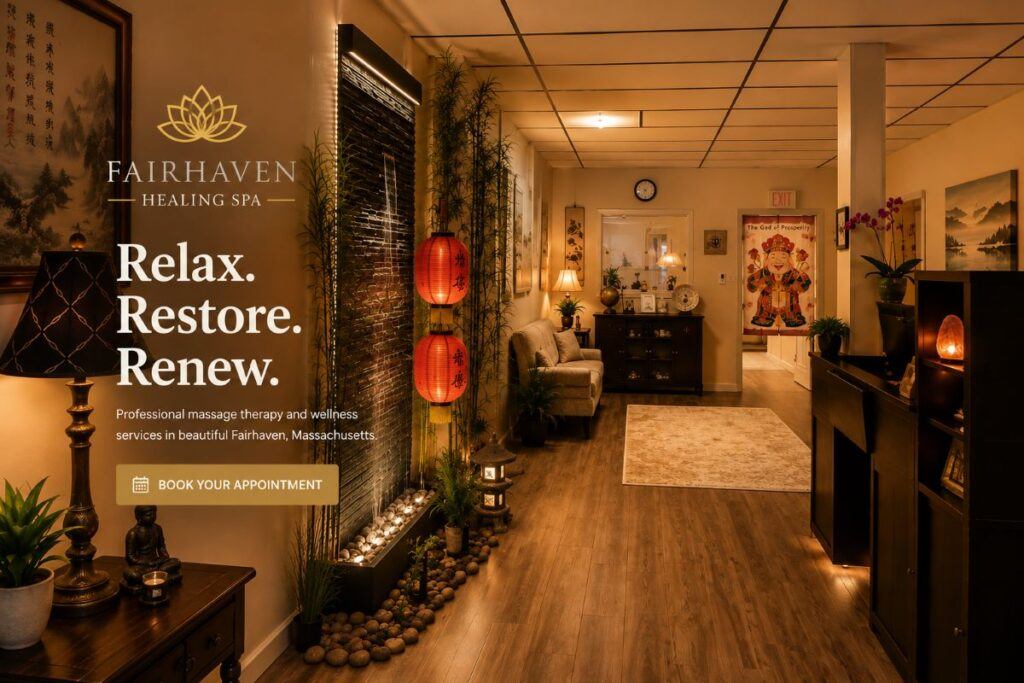 Fairhaven Healing Spa relaxing interior with Asian-inspired decor and indoor water feature