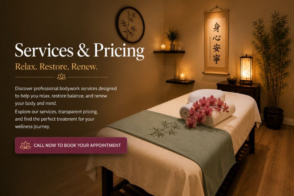 Fairhaven Healing Spa treatment room featuring a relaxing Chinese-inspired setting for bodywork services and wellness treatments.
