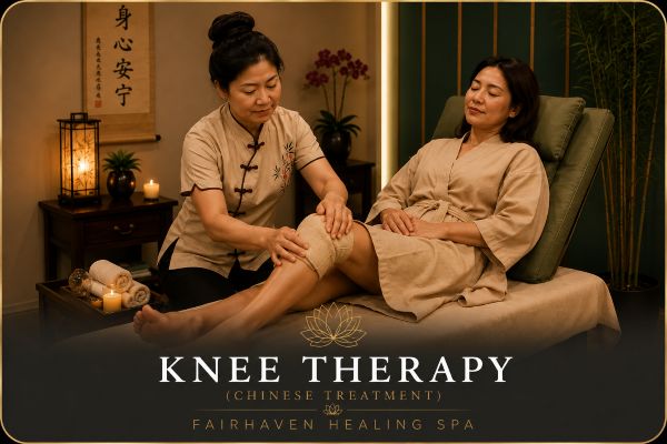Knee Therapy Chinese Treatment at Fairhaven Healing Spa with a therapist providing focused treatment to a client’s knee.