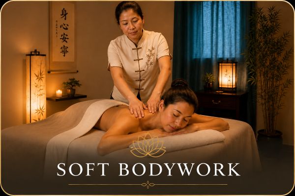 Soft Bodywork treatment at Fairhaven Healing Spa in a relaxing Chinese-inspired treatment room.