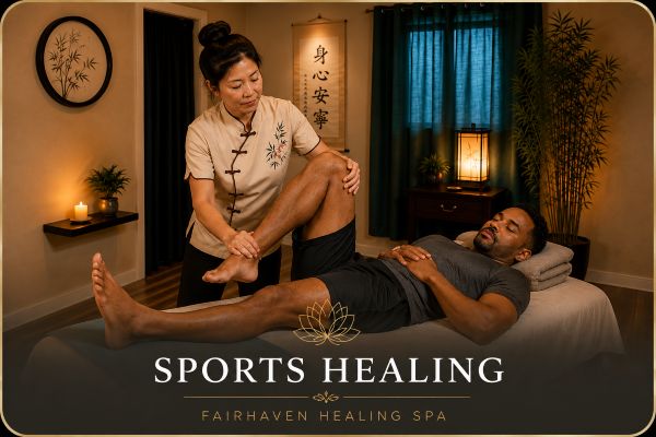 Sports Healing treatment at Fairhaven Healing Spa with a therapist providing assisted leg stretching in a relaxing treatment room.
