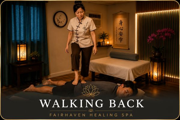 Walking Back Therapy at Fairhaven Healing Spa with a therapist applying controlled foot pressure to a client’s back.