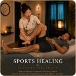 Sports Healing session at Fairhaven Healing Spa with therapist providing assisted stretching.